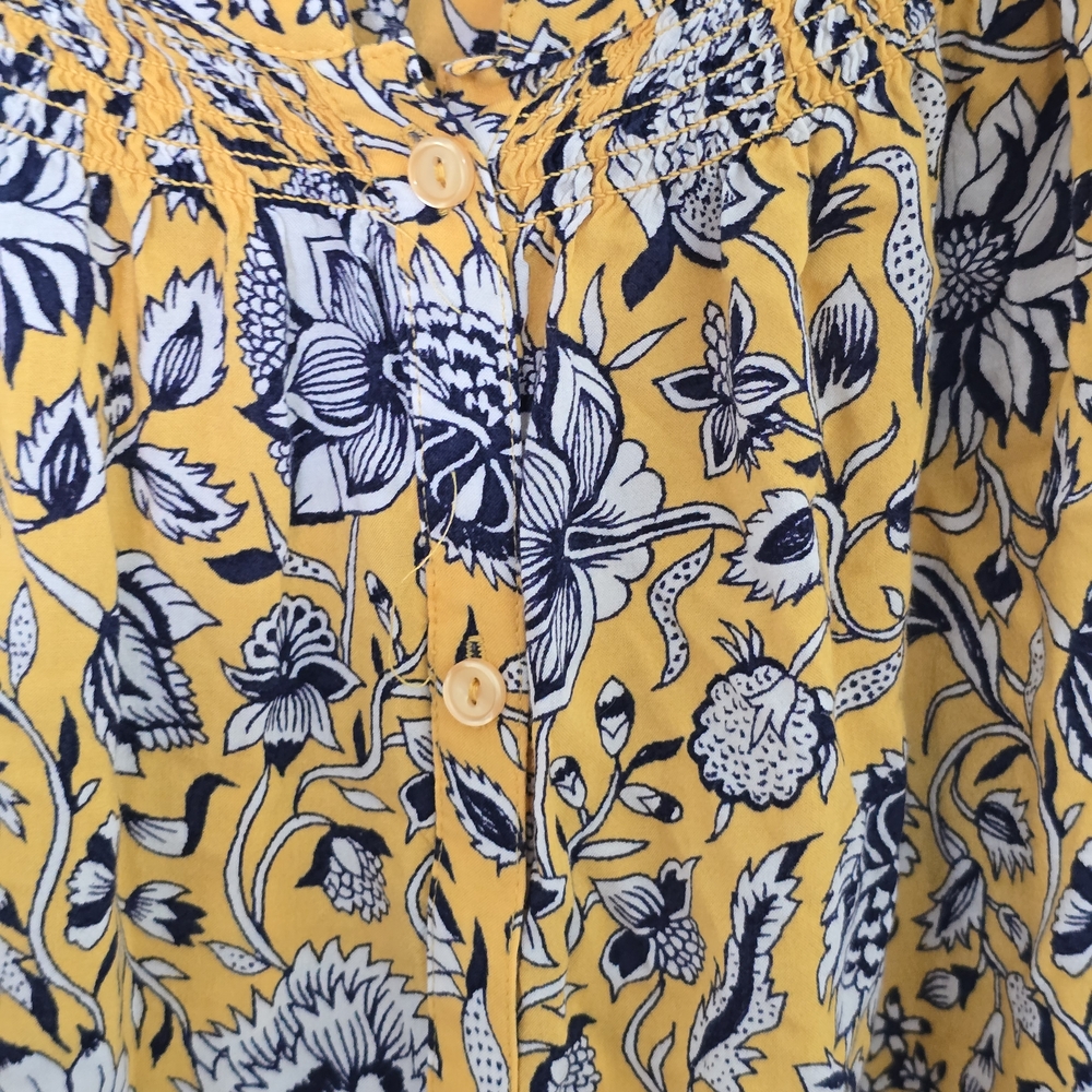 Lucky Brand Floral Peasant Blouse Yellow Smocked Neck Boho Top Large - Picture 3 of 4